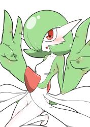 Rule 34 | 1girl, blush, bob cut, breasts, collarbone, colored skin, creatures (company), double v, female focus, game freak, gardevoir, gen 3 pokemon, green hair, green skin, groin, hair over one eye, hands up, happy, kazamidoririnn, looking at viewer, multicolored skin, nintendo, one eye covered, open mouth, pokemon, pokemon (creature), red eyes, shiny skin, short hair, simple background, small breasts, smile, solo, transparent background, two-tone skin, v, white skin