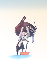 Rule 34 | 10s, 1girl, abyssal ship, bodysuit, cape, chibi, gloves, green eyes, hat, kantai collection, long hair, mana (remana), pale skin, silver hair, solo, standing, wo-class aircraft carrier
