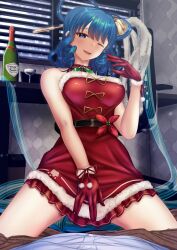 Rule 34 | 1girl, ;d, alternate costume, blue eyes, blue hair, bottle, breasts, cup, drill hair, drill sidelocks, drinking glass, fur trim, gloves, hair ornament, hair rings, hair stick, highres, indoors, kaku seiga, kaku seiga (no chimney no problem), looking at viewer, medium breasts, one eye closed, open mouth, red gloves, santa costume, shounen (hogehoge), sidelocks, smile, solo, touhou, touhou lost word