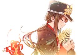 Rule 34 | 1boy, blush, closed eyes, closed mouth, crying, facing to the side, family crest, fate/grand order, fate (series), fiery hair, gloves, hair between eyes, hat, highres, long sleeves, low ponytail, military hat, oda nobukatsu (fate), oda uri, peaked cap, ponytail, red shirt, shako cap, shirt, simple background, solo, tears, trap, twitter username, white background, white gloves, yui (tamagohan)