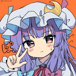 Rule 34 | 1girl, blush, closed mouth, crescent, crescent hat ornament, dress, fingernails, hat, hat ornament, long hair, long sleeves, looking at viewer, mob cap, nail polish, orange background, patchouli knowledge, purple dress, purple eyes, purple hair, purple hat, purple nails, ramudia (lamyun), simple background, solo, touhou, twitter username, upper body, w