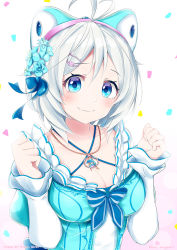 Rule 34 | .live, 1girl, antenna hair, blue bow, blue eyes, blush, bow, breasts, character name, cleavage, closed mouth, collarbone, flower, hair bow, hair flower, hair ornament, happy birthday, jewelry, kiui gunsou, long sleeves, looking at viewer, medium breasts, necklace, short hair, silver hair, dennou shoujo siro, smile, solo, twitter username, upper body, virtual youtuber
