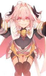 Rule 34 | 1boy, armor, armored dress, astolfo (fate), black gloves, black ribbon, cape, commentary request, fate/apocrypha, fate/grand order, fate (series), garter straps, gloves, hair intakes, hair ribbon, highres, male focus, outstretched arms, pink hair, plackart, purple eyes, ribbon, saihate (d3), thighhighs, thighs, trap