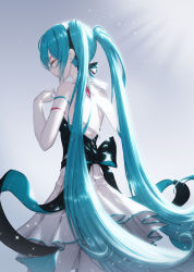 Rule 34 | 1girl, absurdres, backlighting, bad id, bad pixiv id, bare shoulders, black hairband, black ribbon, blue hair, blush, closed eyes, closed mouth, cowboy shot, detached sleeves, dress, eyelashes, from behind, frown, grey background, hair between eyes, hairband, hands up, hatsune miku, highres, light, light particles, light rays, long hair, miku symphony (vocaloid), pale skin, profile, ribbon, shiny clothes, short dress, sidelocks, simple background, sleeveless, sleeveless dress, solo, sparkle, straight hair, thighhighs, twintails, very long hair, vocaloid, white dress, white thighhighs, yuka865