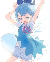 Rule 34 | 1girl, bloomers, blue bow, blue dress, blue eyes, blue hair, bow, cirno, dress, hair bow, highres, ice, ice wings, looking at viewer, lower teeth only, open mouth, paragasu (parags112), solo, teeth, touhou, underwear, wings