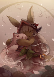 Rule 34 | 1girl, animal ears, artist name, blurry, claws, closed eyes, commentary request, creature, depth of field, ears through headwear, facing viewer, furry, helmet, horns, hug, long hair, made in abyss, mitty (made in abyss), nanachi (made in abyss), noeyebrow (mauve), open mouth, petals, rabbit ears, stuffed animal, stuffed toy, tail, tearing up, tears, teeth, whiskers, white hair