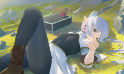 Rule 34 | 1girl, absurdres, black bodysuit, blue hair, bodysuit, breasts, capelet, day, elf, foot out of frame, frieren, green eyes, highres, hiraba, long hair, looking at viewer, lying, medium breasts, on back, outdoors, pointy ears, skirt, solo, sousou no frieren, very long hair, white capelet, white skirt