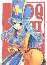 Rule 34 | 1girl, blue hair, blush, bodysuit, breasts, copyright name, covered navel, cowboy shot, cross, dragon quest, dragon quest iii, gloves, hat, large breasts, long hair, looking at viewer, mitre, open mouth, orange bodysuit, pantyhose, priest (dq3), red background, red eyes, solo, tabard, tsurime, tsurugi hagane
