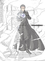 Rule 34 | 1boy, absurdres, alternate language, armor, blue eyes, boots, character name, coat, english text, gauntlets, gloves, greaves, grey hair, hard-translated, highres, limited palette, nihei tsutomu, ningyou no kuni, non-web source, official art, short hair, smoke, solo, standing, suou nichiko, third-party edit, transformation, white armor