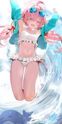 Rule 34 | 1girl, absurdres, ahoge, bare shoulders, bikini, blue-tinted eyewear, blue archive, blue eyes, blue jacket, breasts, eyewear on head, frilled bikini, frills, hair bobbles, hair ornament, halo, heterochromia, highres, hoshino (blue archive), hoshino (swimsuit) (blue archive), jacket, long hair, long sleeves, looking at viewer, low twintails, navel, open mouth, pink hair, pjkka, small breasts, smile, solo, swimsuit, thighs, tinted eyewear, twintails, white bikini, yellow eyes