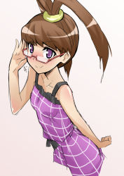 Rule 34 | 1girl, amano nene (digimon xros wars), breasts, brown hair, chicago-x, digimon, digimon xros wars, dress, glasses, purple eyes, small breasts, solo, twintails