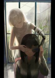 Rule 34 | 2girls, amputee, backlighting, behind another, black hair, black necktie, cable, closed eyes, collar, collared shirt, covering another&#039;s eyes, day, dress, dress shirt, female focus, fog, hand on another&#039;s hand, hand up, highres, indoors, leaning forward, light blush, light smile, long hair, long sleeves, medium hair, multiple girls, necktie, on chair, open mouth, original, parted lips, pillarboxed, piroshiki (aoraro), plant, prosthesis, prosthetic arm, reflective floor, shirt, sitting, sleeveless, sleeveless dress, smile, sunlight, white dress, white hair, white shirt, window