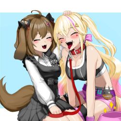 Rule 34 | 2girls, :d, ahoge, animal collar, animal ears, bdsm, bell, belt, biscuit (nikke), black dress, black sports bra, blonde hair, blush, bone hair ornament, bow, bowtie, breasts, brown hair, buckle, chagaun gim, checkered bow, checkered bowtie, checkered clothes, cleavage, closed eyes, collar, collarbone, collared shirt, dog ears, dog girl, dog tail, dress, dress shirt, facial tattoo, fangs, food, food on face, goddess of victory: nikke, gradient hair, hair bell, hair ornament, hair ribbon, headpat, heart, heart hair ornament, heart tattoo, highres, holding, holding leash, jackal (nikke), leash, long hair, low twintails, medium breasts, medium hair, multicolored hair, multiple girls, open mouth, pet play, pink hair, pink ribbon, pink shorts, pleated dress, puffy sleeves, red collar, ribbon, shirt, short shorts, shorts, side ponytail, sidelocks, sitting, slave, smile, spiked legwear, sports bra, streaked hair, tail, tattoo, tongue, tongue out, twintails