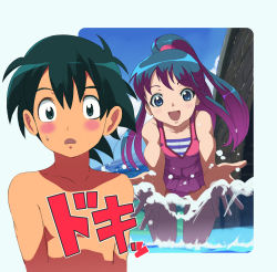 Rule 34 | 1boy, 1girl, ash ketchum, black hair, blue eyes, blue hair, blue sky, creatures (company), dawn (pokemon), game freak, hat, long hair, looking at another, looking at viewer, makoto daikichi, nintendo, one-piece swimsuit, open mouth, pokemon, pokemon: arceus and the jewel of life, pokemon (anime), pokemon dppt (anime), ponytail, sky, smile, swimsuit, topless male, water, wide hips