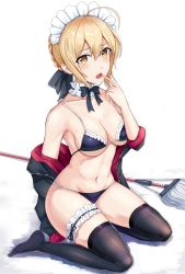 Rule 34 | 1girl, artoria pendragon (all), artoria pendragon (alter swimsuit rider) (fate), artoria pendragon (alter swimsuit rider) (second ascension) (fate), artoria pendragon (fate), bikini, black bikini, black jacket, black thighhighs, braid, breasts, bridal garter, cleavage, enico, fate/grand order, fate (series), french braid, frilled bikini, frilled bikini top, frills, highres, jacket, kneeling, looking at viewer, maid, maid bikini, maid headdress, medium breasts, mop, navel, open clothes, open jacket, saber alter, simple background, sitting, solo, swimsuit, thighhighs, unconventional maid, wariza, white background, yellow eyes