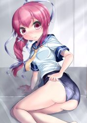 Rule 34 | 10s, 1girl, ass, bad id, bad pixiv id, blush, i-168 (kancolle), kantai collection, konpotsu, long hair, looking at viewer, lying, on side, personification, ponytail, red eyes, red hair, school swimsuit, school uniform, serafuku, swimsuit, swimsuit under clothes