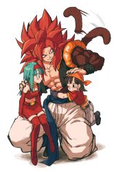 Rule 34 | absurdres, bandana, bare pectorals, biceps, blouse, body fur, bra (dragon ball), brown fur, dragon ball, dragon ball gt, father and daughter, gogeta, grandfather and granddaughter, hand on another&#039;s head, highres, metamoran vest, monkey boy, monkey tail, no nipples, on one knee, pan (dragon ball), pants, pectorals, red shirt, relio db318, shirt, simple background, super saiyan, super saiyan 4, tail, thighhighs, veins, veiny hands, white background, white pants