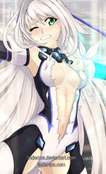 Rule 34 | 10s, 1girl, armpits, bad id, bad pixiv id, bodysuit, breasts, cleavage, detached sleeves, deviantart username, emilia hermit, green eyes, hundred (light novel), lindaroze, long hair, medium breasts, navel, one eye closed, scar, silver hair, solo, torn clothes