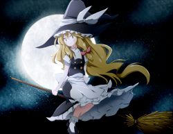Rule 34 | 1girl, apron, black footwear, black hat, black skirt, black vest, blonde hair, blush, bow, broom, broom riding, buttons, bwell, closed mouth, commentary request, full body, full moon, hair between eyes, hair bow, hat, hat bow, kirisame marisa, long hair, looking at viewer, moon, puffy short sleeves, puffy sleeves, red bow, shirt, shoes, short sleeves, skirt, smile, socks, solo, touhou, very long hair, vest, waist apron, white apron, white bow, white shirt, white socks, witch hat, yellow eyes