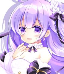 Rule 34 | 1girl, :d, azur lane, bare shoulders, black bow, blush, bow, breasts, cleavage, dress, drop shadow, earrings, hair between eyes, hair bow, hair bun, hand up, highres, jewelry, long hair, long sleeves, medium breasts, open mouth, puffy long sleeves, puffy sleeves, purple eyes, purple hair, shikito (yawa0w0), side bun, single hair bun, single side bun, sleeves past wrists, smile, solo, strapless, strapless dress, unicorn (a dream of pure vows) (azur lane), unicorn (azur lane), upper body, white background, white dress