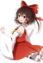 Rule 34 | 1girl, :d, ascot, bandages, bow, brown hair, detached sleeves, frilled bow, frilled shirt collar, frilled skirt, frills, from side, hair bow, hair tubes, hakurei reimu, long sleeves, looking at viewer, looking to the side, medium hair, medium skirt, open mouth, red bow, red eyes, red skirt, red vest, ribbon-trimmed sleeves, ribbon trim, round teeth, sarashi, sidelocks, simple background, skirt, smile, solo, tareme, teeth, touhou, upper body, vest, white background, wide sleeves, yellow ascot, yuuka nonoko
