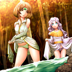 Rule 34 | 2girls, aqua eyes, bow, bow panties, brown hair, bug, circlet, clothes lift, dragonfly, dress, dress lift, drying, drying clothes, fire emblem, fire emblem: thracia 776, frilled panties, frills, green panties, harihisa, insect, light purple hair, long hair, miranda (fire emblem), multiple girls, nintendo, panties, purple hair, purple panties, river, sara (fire emblem), see-through, short hair, striped clothes, striped panties, underwear, water, wet, wet clothes