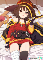 1girl asymmetrical_legwear bandaged_leg bandages bare_shoulders bed bed_sheet belt black_cape black_cat black_panties black_thighhighs blush brown_hair button_eyes buttons cameltoe cape cat chomusuke dress fingerless_gloves flat_chest from_above gloves hat hat_tug highres indoors kono_subarashii_sekai_ni_bakuen_wo! kono_subarashii_sekai_ni_shukufuku_wo! looking_at_viewer lying megumin mismatched_legwear nekosaki off-shoulder_dress off_shoulder on_back on_bed open_mouth panties pantyshot red_dress red_eyes short_dress short_hair short_hair_with_long_locks single_thighhigh solo staff thighhighs underwear witch_hat