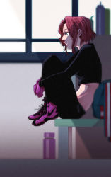Rule 34 | 10s, 1girl, bad id, bad pixiv id, bag, bench, blue eyes, con potata, gloves, hugging own legs, midriff, mila babicheva, nike (company), pink gloves, profile, red hair, sitting, solo, thermos, yuri!!! on ice