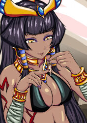 Rule 34 | 1boy, 1girl, bad source, bandages, breasts, choker, clothed female nude male, completely nude, egyptian, egyptian clothes, eyeshadow, giant, giantess, gold, hair ornament, headpiece, highres, jewelry, large breasts, long hair, makeup, monster girl, monster girl encyclopedia, notetz, nude, pharaoh (monster girl encyclopedia), purple hair