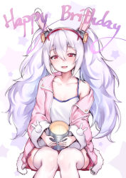 Rule 34 | 1girl, :d, animal ears, azur lane, breasts, camisole, fake animal ears, hair between eyes, hairband, happy birthday, highres, laffey (azur lane), light purple hair, long sleeves, looking at viewer, off shoulder, open mouth, rabbit ears, red eyes, searchlight, sitting, small breasts, smile, solo, sparkle, star (symbol), sunege (hp0715), thighhighs, twintails, white thighhighs