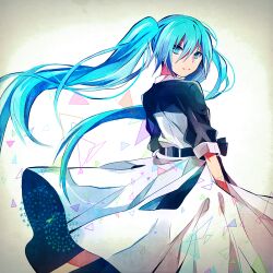 Rule 34 | 1girl, aqua hair, belt, blue eyes, blue hair, color7, dress, floating hair, from behind, hair between eyes, hatsune miku, holding, holding clothes, holding skirt, junjou skirt (vocaloid), long hair, looking at viewer, lowres, skirt, smile, solo, twintails, very long hair, vocaloid, white background