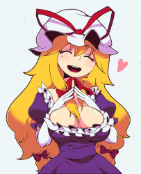 Rule 34 | 1girl, :d, ^ ^, blonde hair, bow, breast suppress, breasts, cleavage, closed eyes, dress, elbow gloves, facing viewer, gloves, hair ribbon, hat, heart, large breasts, long hair, mob cap, mzh, open mouth, ribbon, simple background, smile, solo, touhou, tress ribbon, upper body, very long hair, wavy hair, white gloves, yakumo yukari