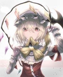 Rule 34 | 1girl, absurdres, blonde hair, bow, bowtie, collar, crystal, dress, flandre scarlet, frilled collar, frilled dress, frills, hat, highres, long sleeves, medium hair, mob cap, mouth hold, one side up, red dress, red eyes, ribbon, ribbon in mouth, solo, touhou, tqg 07, white background, white collar, wings, yellow bow, yellow bowtie