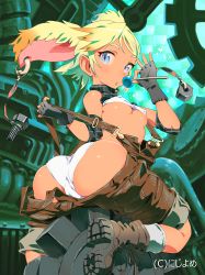 Rule 34 | 1girl, :o, absurdres, arched back, ass, black footwear, black gloves, blonde hair, blue eyes, boots, bra, breasts, brown overalls, candy, commentary request, covered erect nipples, elbow sleeve, fingerless gloves, food, gears, gloves, head wings, highres, holding, holding candy, holding food, holding lollipop, lollipop, looking at viewer, looking back, nut (hardware), overalls, overalls pull, overalls rolled up, panties, pulled by self, screw, short hair, sitting, small breasts, socks, solo, swept bangs, underboob, underwear, valhalla valkyries, watermark, white bra, white panties, white socks, wings, zasha
