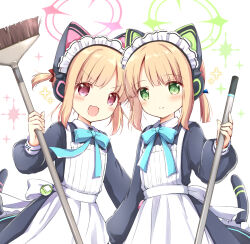 Rule 34 | 2girls, apron, black dress, blonde hair, blue archive, blush, cat tail, dress, green eyes, green halo, halo, highres, long sleeves, looking at viewer, maid, maid apron, maid headdress, midori (blue archive), midori (maid) (blue archive), momoi (blue archive), momoi (maid) (blue archive), multiple girls, nanase miori, official alternate costume, open mouth, pink halo, puffy long sleeves, puffy sleeves, red eyes, short hair, siblings, sisters, smile, tail, twins, white apron