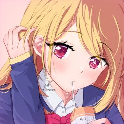 Rule 34 | 1girl, blonde hair, blue jacket, blush, bow, bowtie, collared shirt, commentary, dress shirt, drinking straw, drinking straw in mouth, english commentary, english text, hair behind ear, tucking hair, highres, hoshino ruby, jacket, long hair, long sleeves, looking at viewer, mismatched pupils, mixed-language commentary, oshi no ko, pink background, pink bow, pink bowtie, pink eyes, school uniform, shiranami, shirt, sidelocks, signature, solo, star-shaped pupils, star (symbol), sweat, symbol-shaped pupils, twitter username, upper body, white shirt, youtou high school uniform
