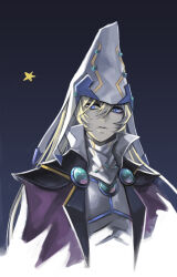 Rule 34 | 1boy, absurdres, armor, black background, blonde hair, blue eyes, breastplate, cape, closed mouth, cropped torso, duel monster, expressionless, fishfall, hair between eyes, hat, highres, long hair, looking at viewer, male focus, popped collar, purple cape, shirt, solo, star (symbol), stargazer magician, turtleneck, white hat, white shirt, wizard hat, yu-gi-oh!