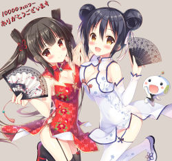 Rule 34 | 2girls, ahoge, black hair, black legwear, blush, breast press, breasts, brown eyes, china dress, chinese clothes, cleavage, cleavage cutout, clothing cutout, detached collar, detached sleeves, double bun, dress, folding fan, garter straps, hair ornament, hair ribbon, hair rings, hand fan, holding hands, long hair, looking at viewer, multiple girls, no panties, open mouth, original, pelvic curtain, red dress, red eyes, ribbon, side slit, smile, sousouman, thighhighs, twintails, white dress, white legwear