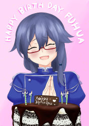 Rule 34 | birthday cake, blue eyes, blue hair, blush, cake, candle, character name, chinese clothes, chocolate, chocolate cake, closed eyes, fire, food, fu hua, fu hua (valkyrie accipiter), glasses, grey hair, hair between eyes, happy, happy birthday, heart, highres, honkai (series), honkai impact 3rd, juliet sleeves, long hair, long sleeves, low-tied long hair, low ponytail, open mouth, own hands together, pink background, ponytail, puffy sleeves, simple background, sirway