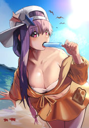 Rule 34 | 1girl, absurdres, bandeau, bare shoulders, baseball cap, bb (fate), bb (fate) (all), bb (swimsuit mooncancer) (fate), bb (swimsuit mooncancer) (first ascension) (fate), beach, blue sky, blush, breasts, cleavage, collarbone, cropped jacket, day, eating, fate/grand order, fate (series), food, hat, hat ornament, highres, jacket, large breasts, leaning forward, long hair, long sleeves, looking at viewer, miniskirt, navel, ocean, off shoulder, okoru ringo, open mouth, outdoors, popsicle, purple eyes, purple hair, sideways hat, skirt, sky, star (symbol), star hat ornament, sunlight, thighs, very long hair, white headwear, yellow jacket, yellow skirt