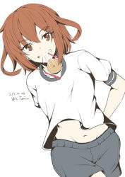 Rule 34 | 1girl, alternate costume, artist name, bread, brown eyes, brown hair, cropped legs, dated, food, food in mouth, hair ornament, hairclip, highres, ikazuchi (kancolle), kantai collection, looking at viewer, midriff, mouth hold, navel, shirt, shorts, smile, solo, taira yuuki, white background, white shirt