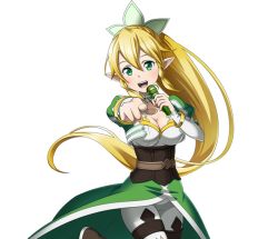 Rule 34 | 1girl, blonde hair, breasts, choker, cleavage, floating hair, green eyes, hair between eyes, hair ornament, holding, holding microphone, idol, index finger raised, leafa, leg up, long hair, looking at viewer, medium breasts, microphone, pants, pointy ears, ponytail, solo, sword art online, thigh strap, transparent background, very long hair, white pants