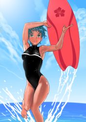 Rule 34 | 1girl, barefoot, black one-piece swimsuit, blue eyes, blue hair, blue sky, competition swimsuit, day, manus, matching hair/eyes, ocean, one-piece swimsuit, original, running, short hair, sky, smile, solo, summer, surfboard, swimsuit, toes, very short hair, wet