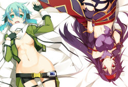 Rule 34 | 2girls, aqua eyes, aqua hair, armor, belt, black hair, black shorts, breastplate, breasts, breasts apart, cleavage, clothes pull, cropped jacket, detached sleeves, fingerless gloves, gloves, hairband, highres, jacket, leg up, long hair, looking at viewer, lying, multiple girls, navel, on back, open clothes, open jacket, open mouth, purple armor, red eyes, red hairband, scarf, shikei, short hair with long locks, shorts, shorts pull, sinon, smile, sword art online, thighs, yuuki (sao)