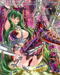Rule 34 | 1girl, :d, ass, bad id, bad pixiv id, breasts, chain, chained, chain, cleavage, company name, copyright name, green hair, large breasts, long hair, looking at viewer, official art, open mouth, original, panties, pantyshot, popqn, sitting, smile, solo, tenkuu no crystalia, underwear, watermark, web address, yellow eyes
