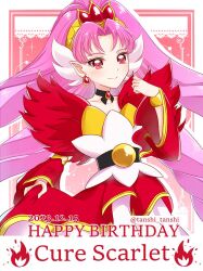 Rule 34 | 1girl, akagi towa, bow, character name, choker, cure scarlet, dated, detached sleeves, earrings, go! princess precure, happy birthday, jewelry, long hair, looking at viewer, magical girl, pink hair, pointy ears, precure, quad tails, red eyes, red sleeves, smile, solo, tanshi tanshi, tiara, twitter username, very long hair, waist bow