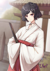 Rule 34 | 1boy, absurdres, artist name, black hair, blurry, blurry background, bob cut, chinese commentary, choker, commentary request, cowboy shot, dated, day, hair ornament, hairclip, hakama, hakama skirt, highres, holding, holding sword, holding weapon, japanese clothes, katana, kimono, lapel pin, light blush, looking at viewer, male focus, miko, outdoors, purple eyes, red hakama, ribbon choker, saya (scabbard), sheath, sheathed, short hair, signature, skirt, skull hair ornament, sleeves past fingers, sleeves past wrists, smile, solo, standing, steins;gate, swept bangs, sword, torii, trap, unique (pixiv12704744), urushibara ruka, weapon, white kimono, wide sleeves