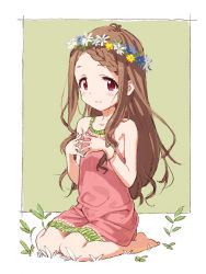 Rule 34 | 1girl, aoba kokona, bare arms, bare shoulders, barefoot, blue flower, blush, border, bracelet, braid, brown hair, closed mouth, dot nose, dress, fingers together, flat chest, flower, flower wreath, french braid, from side, full body, grass, green background, hair over shoulder, hands up, hatching (texture), head wreath, jewelry, linear hatching, long hair, looking at viewer, looking to the side, matsuo yuusuke, outside border, own hands together, parted bangs, pink dress, pink eyes, seiza, simple background, single braid, sitting, sleeveless, sleeveless dress, smile, solo, steepled fingers, tareme, wavy hair, white border, white flower, yama no susume, yellow flower