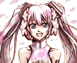 Rule 34 | 1girl, alternate color, alternate hair color, bare shoulders, cherry blossoms, flower, hair flower, hair ornament, hatsune miku, headset, long hair, name connection, object namesake, petals, pink eyes, pink hair, pink theme, rei crux, sakura miku, solo, tattoo, twintails, very long hair, vocaloid