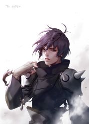 Rule 34 | 1boy, blurry, clothes pull, depth of field, fingerless gloves, ghost messenger, gloves, highres, jewelry, kanglim, kenny (poe90), male focus, necklace, purple eyes, purple hair, shoulder pads, shoulder spikes, solo, spikes, upper body